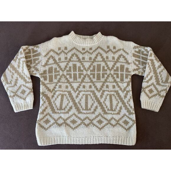Vtg Jones NY Sz L 100% Hand-knitted Wool Fair Isle Geometric White Tan Sweater - Picture 4 of 9